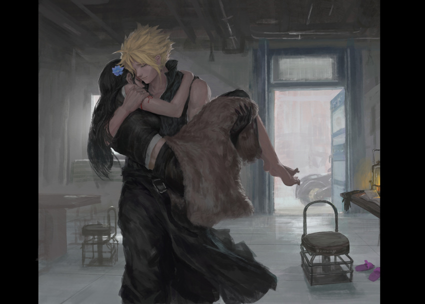 1boy 1girl apron bare_shoulders barefoot black_apron black_gloves black_hair black_shirt black_shorts black_vest blanket blonde_hair carrying carrying_person chair closed_eyes cloud_strife commentary couple crop_top earrings final_fantasy final_fantasy_vii final_fantasy_vii_advent_children flower gloves hair_flower hair_ornament hand_on_another's_shoulder highres indoors jewelry lamp long_hair midriff motor_vehicle motorcycle open_door popped_collar princess_carry shirt shorts single_glove sleeveless sleeveless_shirt slippers slippers_removed smile spiky_hair standing stud_earrings table tank_top tifa_lockhart twitter_username vest white_tank_top window zoewingsz