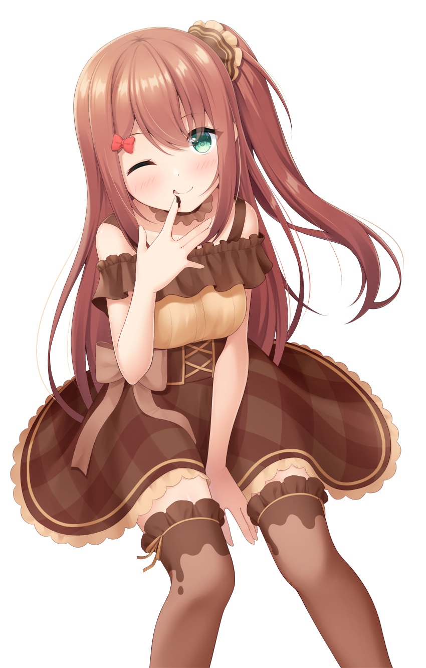 1girl 7fuji_06 absurdres between_legs blue_eyes blush bow brown_hair chocolate chocolate_on_hand collar detached_collar dress flower food food_on_hand frilled_collar frilled_thighhighs frills hair_bow hair_ornament hair_scrunchie hand_between_legs hand_to_own_mouth highres invisible_chair long_hair looking_at_viewer on_food one_eye_closed one_side_up original plaid plaid_dress rose scrunchie sitting smile solo thigh-highs underbust valentine very_long_hair