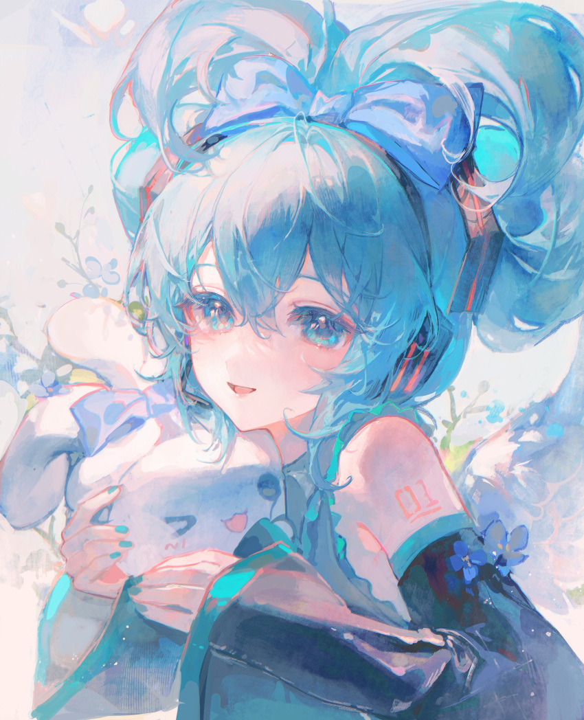 1girl absurdres arm_tattoo blue_bow blue_eyes blue_hair blue_nails blush bow cinnamiku cinnamoroll creature detached_sleeves fingerless_gloves gloves hair_between_eyes hair_bow hatsune_miku headphones highres holding holding_creature long_hair long_sleeves looking_at_viewer maccha_(mochancc) nail_polish open_mouth sanrio sidelocks smile solo tattoo twintails updo upper_body very_long_hair vocaloid