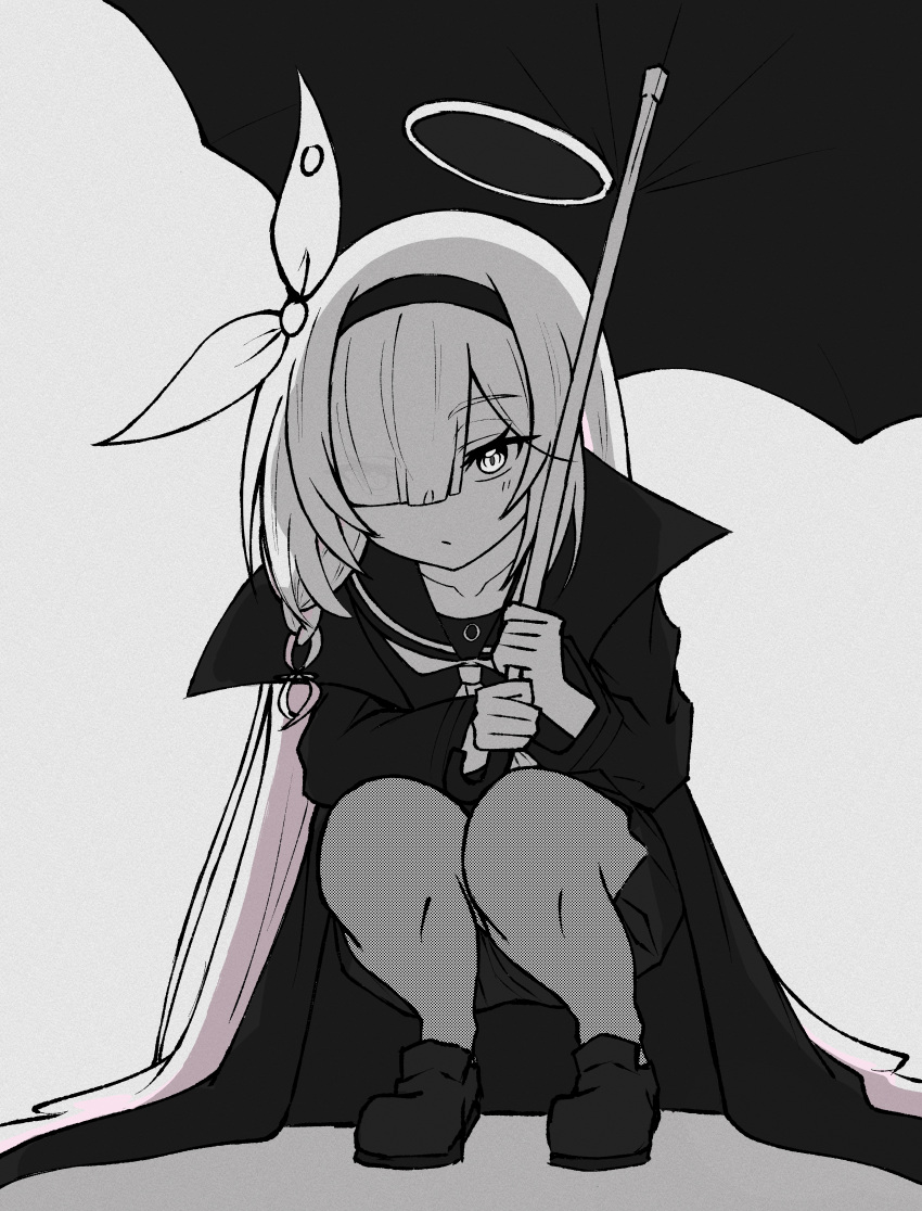 1girl absurdres black_coat black_serafuku blue_archive braid closed_mouth coat commentary greyscale hair_over_one_eye hair_ribbon hairband halo highres holding holding_umbrella long_hair looking_at_viewer monochrome neckerchief one_eye_covered open_clothes open_coat plana_(blue_archive) ribbon school_uniform serafuku shoes shumi-kun side_braid solo squatting umbrella very_long_hair white_background white_neckerchief