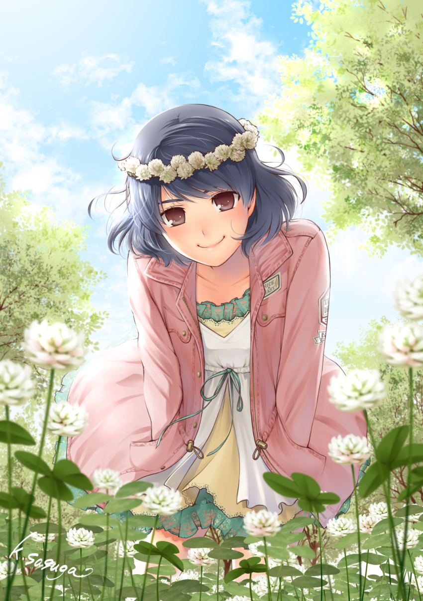 1girl aqua_ribbon artist_name blue_hair blush brown_eyes closed_mouth clothes_writing clouds clover commentary_request day domestic_na_kanojo dress english_text flower hands_in_pockets head_wreath highres jacket leaning_forward looking_at_viewer official_art open_clothes open_jacket outdoors pink_jacket red_eyes ribbon sasuga_kei short_hair sky smile solo tachibana_rui tree