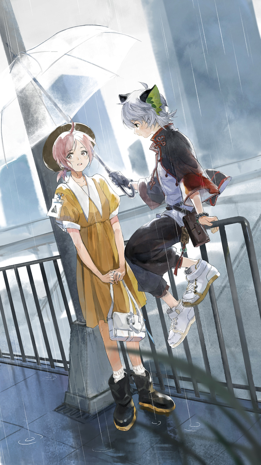 1boy 1girl animal_ear_fluff animal_ears arknights bag black_footwear black_gloves black_jacket black_pants blurry blurry_foreground boots brown_dress brown_eyes commentary_request day depth_of_field dress gloves grey_hair handbag highres holding holding_bag holding_umbrella jacket long_sleeves luo_xiaobai luo_xiaohei luo_xiaohei_zhanji on_railing open_clothes open_jacket outdoors pants parted_bangs pink_hair puffy_short_sleeves puffy_sleeves pyuliyu railing rain shirt shoes short_sleeves single_glove sitting socks standing transparent transparent_umbrella umbrella white_footwear white_shirt white_socks wide_sleeves
