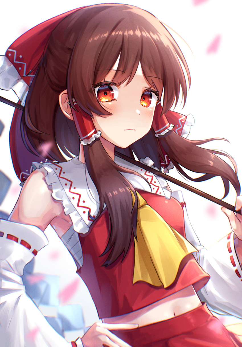 1girl armpits ascot bare_shoulders blurry blush bow breasts brown_eyes brown_hair closed_mouth commentary depth_of_field detached_sleeves dot_nose english_commentary expressionless frilled_bow frilled_hair_tubes frilled_shirt_collar frills gohei hair_bow hair_tubes hakurei_reimu hand_on_own_hip hand_up highres holding holding_stick long_hair long_sleeves looking_at_viewer midriff navel nyuru_neco9353 orange_eyes parted_bangs petals red_bow red_skirt red_vest sarashi sidelocks simple_background skirt skirt_set small_breasts solo stick touhou upper_body vest white_background wide_sleeves yellow_ascot