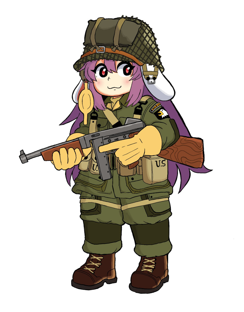 101st_airborne 1girl :3 alternate_costume animal_ears army blush boots brown_footwear brown_gloves closed_mouth coat combat_helmet commentary commentary_request english_commentary floppy_ears full_body gloves green_coat green_pants gun hair_between_eyes helmet highres hikibee holding holding_gun holding_weapon long_hair long_sleeves looking_at_viewer medium_bangs military_uniform pants patch purple_hair rabbit_ears rabbit_girl red_eyes reisen_udongein_inaba simple_background smile soldier solo submachine_gun thompson_submachine_gun touhou uniform very_long_hair weapon white_background