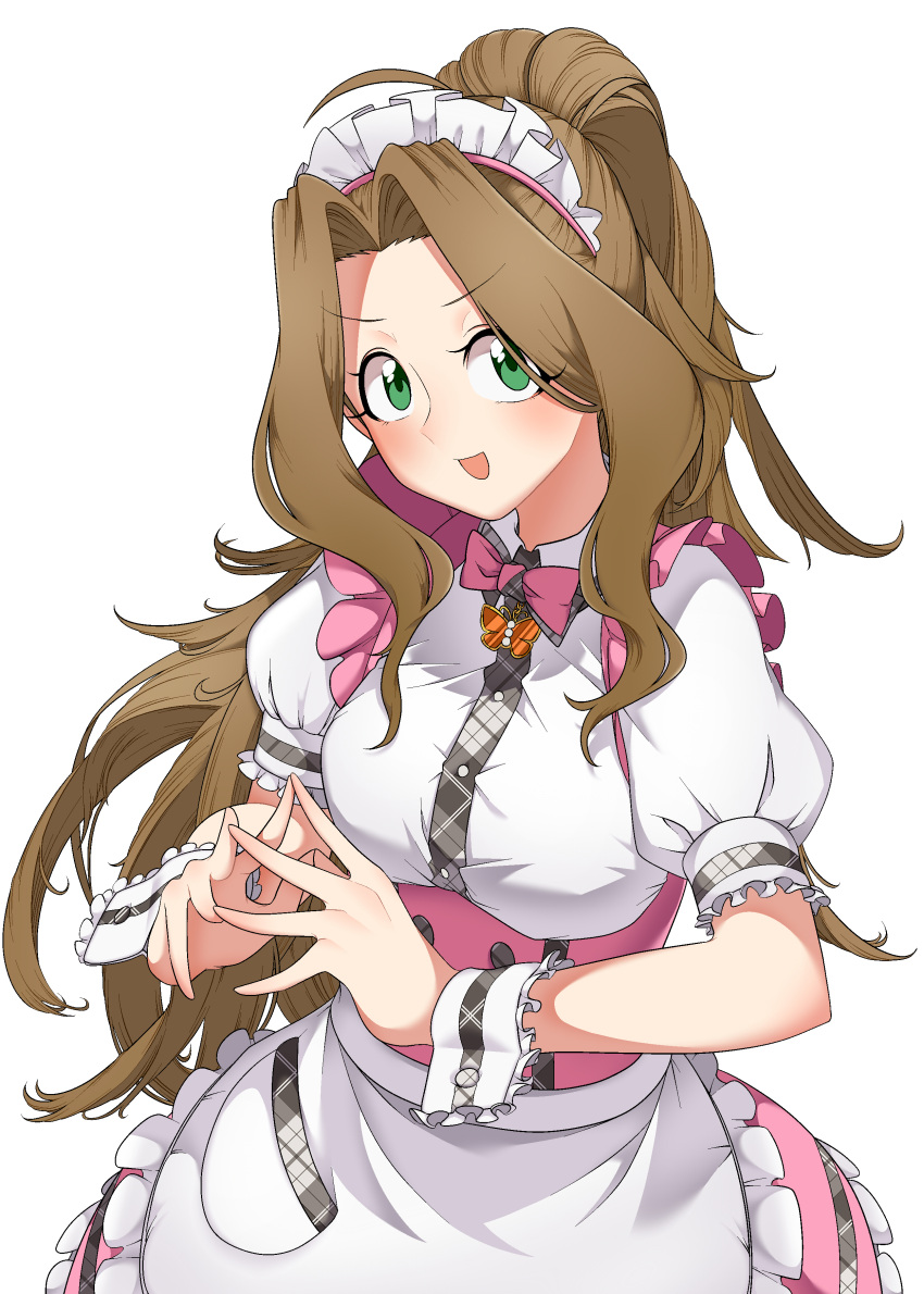 1girl absurdres ahoge apron blush bow bowtie breasts brown_hair commentary cowboy_shot dress frilled_apron frilled_dress frills green_eyes hands_up hashiba_(hashiba_ss) highres idolmaster idolmaster_million_live! idolmaster_million_live!_theater_days long_hair looking_at_viewer maid maid_headdress medium_breasts nikaidou_chizuru open_mouth pink_bow pink_bowtie pink_dress ponytail puffy_short_sleeves puffy_sleeves short_sleeves simple_background smile solo standing steepled_fingers very_long_hair waist_apron white_apron white_background white_wrist_cuffs