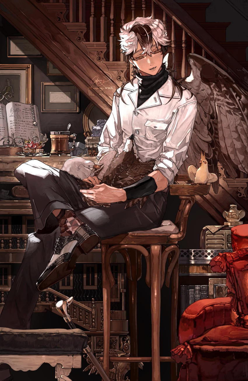 1boy animal artist_name bird bird_boy bird_wings bishounen black_footwear black_sweater book breast_pocket brown_background brown_eyes brown_hair brown_socks brown_theme brown_wings chair cockatiel collared_jacket colored_eyelashes crossed_legs cup duck feathered_wings food full_body highres holding holding_animal holding_bird indoors instrument jacket long_hair long_sleeves looking_at_animal male_focus mug multicolored_hair open_mouth original osprey osprey_0725 parrot pastry piano picture_frame pigeon pocket signature sitting socks solo staff stairs streaked_hair sweater turtleneck turtleneck_sweater white_hair white_jacket wings