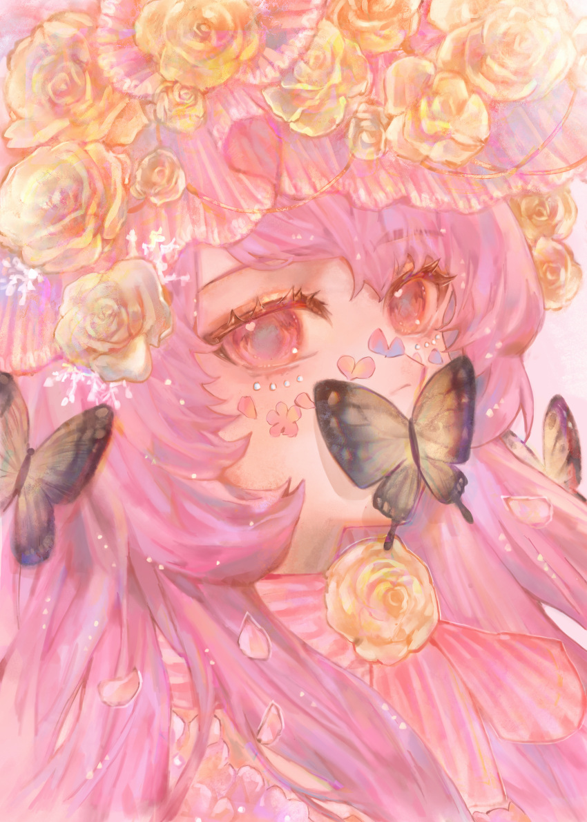 1girl absurdres anafei black_butterfly bug butterfly commentary covered_mouth english_commentary eyelashes flower highres long_hair looking_at_viewer original petals pink_eyes pink_hair portrait simple_background solo white_background yellow_flower