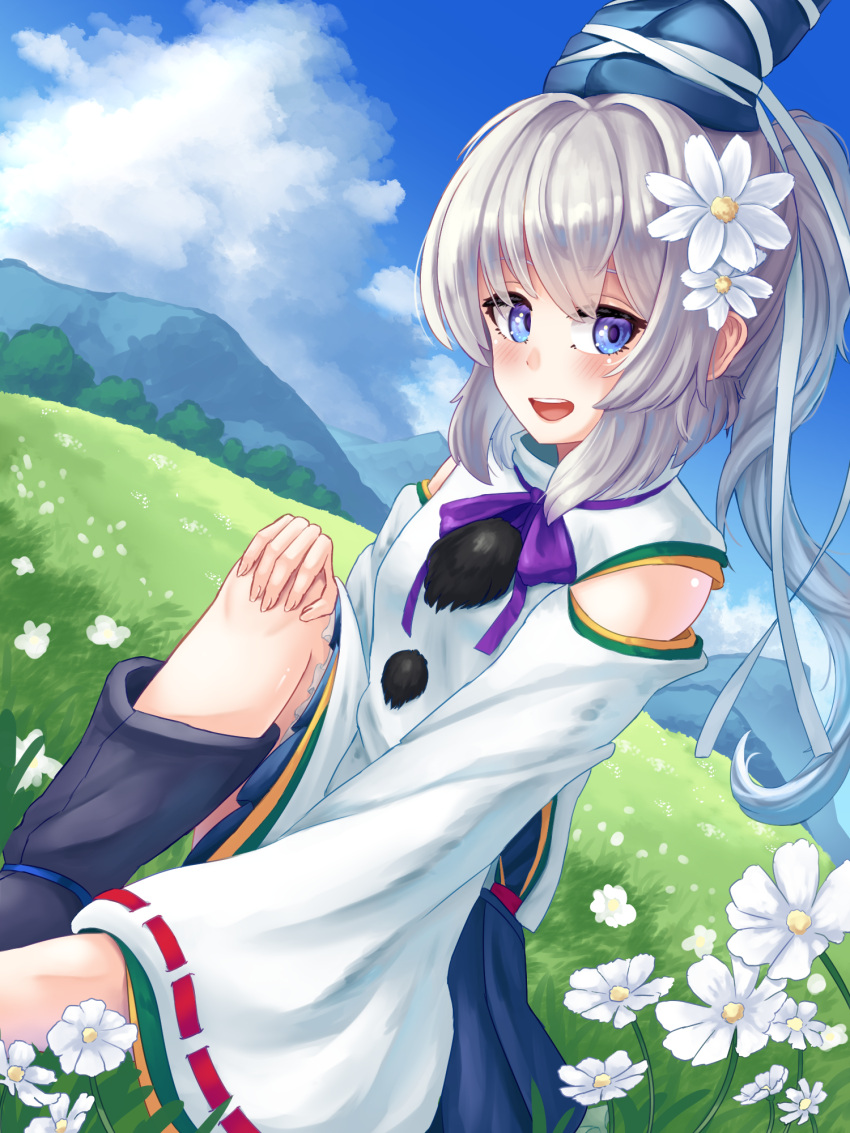 1girl black_footwear blue_eyes blue_headwear blue_skirt blue_sky blush boots bow bowtie breasts clouds commentary day fingernails flower foot_out_of_frame grass grey_hair hand_on_own_knee hat highres japanese_clothes kariginu long_hair long_sleeves looking_at_viewer medium_bangs mononobe_no_futo open_mouth outdoors pom_pom_(clothes) ponytail purple_bow purple_bowtie pygrenix ribbon-trimmed_sleeves ribbon_trim skirt sky small_breasts solo tate_eboshi teeth touhou tree upper_teeth_only white_flower wide_sleeves