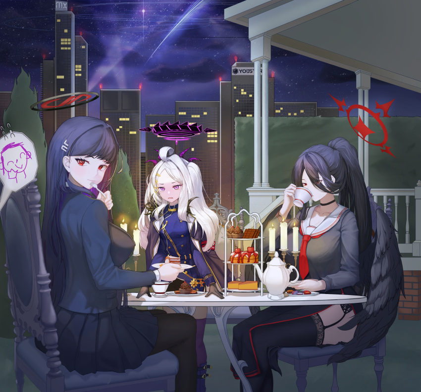 3girls absurdres ahoge arm_support arona's_sensei_doodle_(blue_archive) belt black_choker black_coat black_gloves black_hair black_pantyhose black_serafuku black_skirt black_thighhighs black_wings blazer blue_archive blunt_bangs blurry building cake_stand cameo chair choker coat coat_on_shoulders collarbone commentary cup cupcake demon_girl demon_horns depth_of_field drinking english_commentary feathered_wings food forehead fork fur-trimmed_coat fur_trim garter_straps gloves hair_between_eyes hair_ornament hairclip hasumi_(blue_archive) highres hina_(blue_archive) holding holding_cup holding_fork horns jacket large_wings long_bangs long_hair long_sleeves looking_at_viewer macaron military_uniform multiple_girls night night_sky open_clothes open_coat outdoors pantyhose parted_bangs parted_lips pencil_skirt plate pleated_skirt ponytail purple_thighhighs red_eyes rio_(blue_archive) rolo6_4 sam_browne_belt school_uniform sensei_(blue_archive) serafuku shortcake shoulder_belt side_slit sidelocks sitting skirt sky skyline skyscraper spoken_character star_(sky) starry_sky table teacup teapot thigh-highs uniform violet_eyes wavy_hair white_hair wings yostar