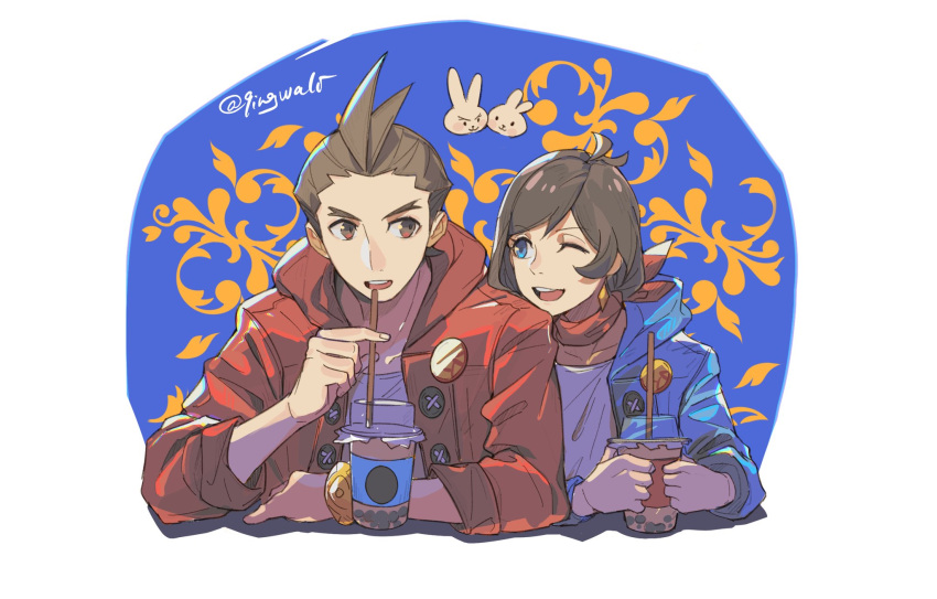 1boy 1girl :d ;d ace_attorney antenna_hair apollo_justice apollo_justice_(stylin'_street_clothes) arm_rest badge blue_background blue_eyes blue_jacket border bracelet brother_and_sister brown_eyes brown_hair bubble_tea button_badge buttons highres hood hood_down hooded_jacket jacket jewelry kaeru_(qingwali) looking_at_another matching_outfits nostrils one_eye_closed open_mouth rabbit red_jacket red_scarf scarf shirt short_hair siblings sleeves_rolled_up smile swept_bangs trucy_wright white_border white_shirt