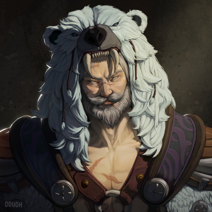 1boy absurdres animal_ears animal_hat artist_name avatar_(wow) bear_ears bear_hat beard commentary commission dough_(doughnath) english_commentary facial_hair fur_trim grey_eyes grey_hair hat highres male_focus portrait scar scar_on_chest signature solo warcraft world_of_warcraft