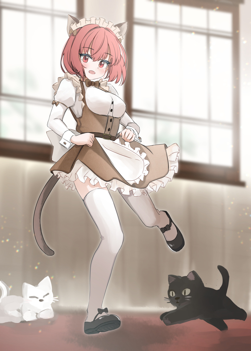 1girl absurdres animal_ears breasts cat cat_ears cat_tail commission highres maid medium_hair original pixiv_commission red_eyes redhead smile sounata_(sounanmaru) tail