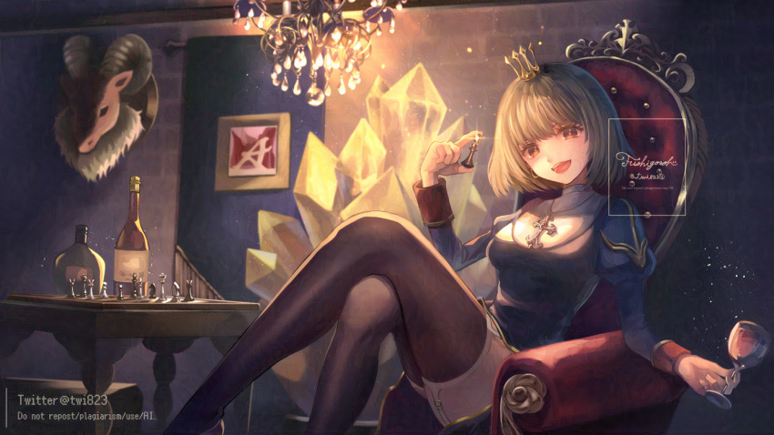 1girl 823/natalia :d armchair baphomet_(ragnarok_online) black_thighhighs blue_dress bottle breasts chair chandelier chess_piece chessboard cross cross_necklace crossed_legs crown crystal cup dress drink drinking_glass earrings garter_straps glint gold_headwear holding holding_chess_piece holding_cup holding_drink jewelry juliet_sleeves light_brown_hair light_particles long_sleeves looking_at_viewer medium_breasts mini_crown necklace open_mouth orange_eyes orange_pupils priest_(ragnarok_online) puffy_sleeves ragnarok_online short_hair sitting sleeve_cuffs smile solo sparkle teeth thigh-highs twitter_username wine_bottle wine_glass zettai_ryouiki