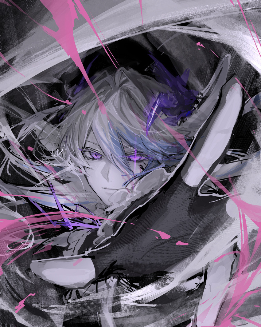 1boy absurdres arknights black_gloves blue_hair commentary_request fingerless_gloves gloves grey_hair hair_between_eyes highres looking_at_viewer male_focus multicolored_hair myluche outstretched_arm puzzle_(arknights) solo streaked_hair upper_body violet_eyes