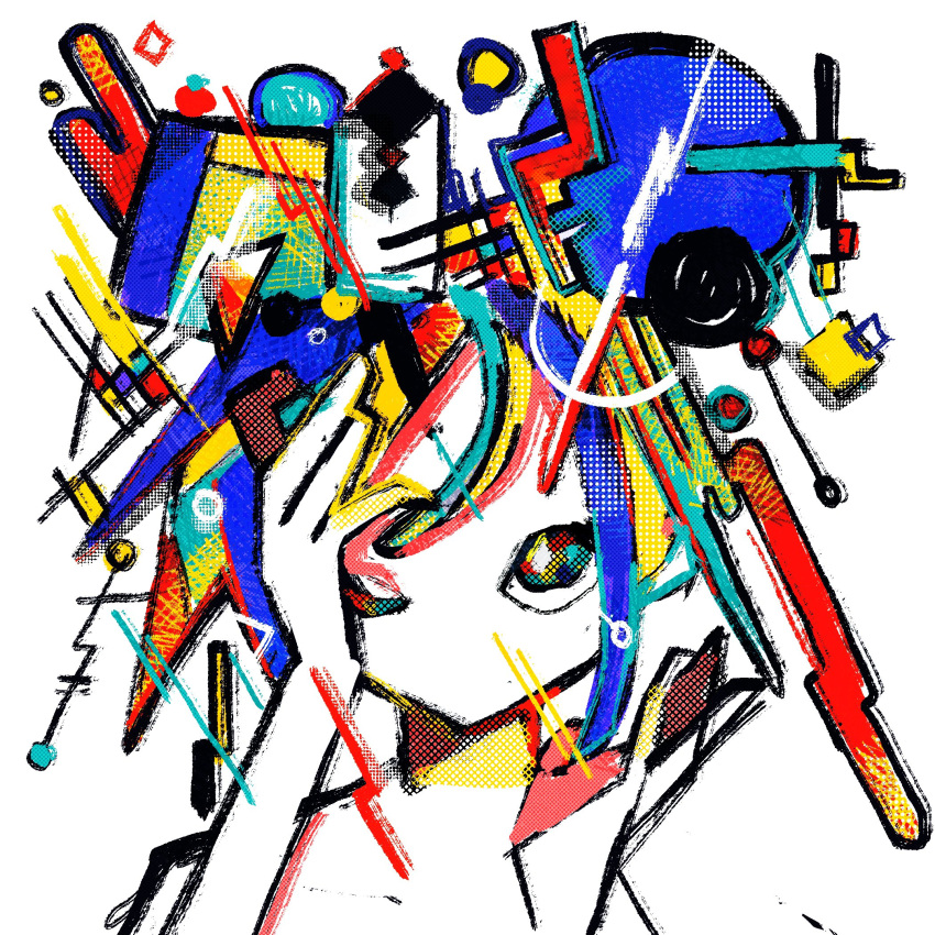 1girl abstract adobe_fresco_(medium) colored_skin colorful halftone hand_on_own_face hand_up highres looking_at_viewer machigami_yoh multicolored_eyes multicolored_hair one_eye_closed original portrait shapes simple_background solo white_background white_skin