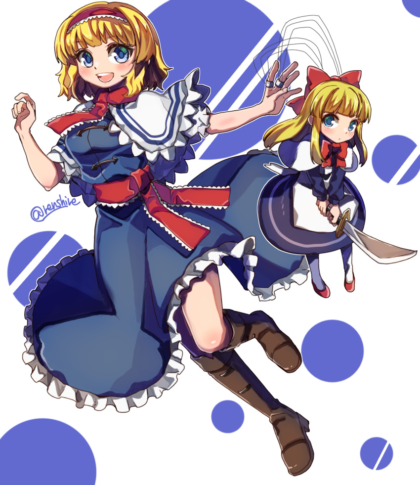 2girls alice_margatroid ascot black_dress blonde_hair blue_dress blue_eyes boots brown_footwear capelet commentary dress hairband highres holding holding_knife knife lolita_hairband long_hair looking_at_viewer multiple_girls one-hour_drawing_challenge red_ascot red_footwear red_hairband renshirenji shanghai_doll short_hair touhou white_capelet