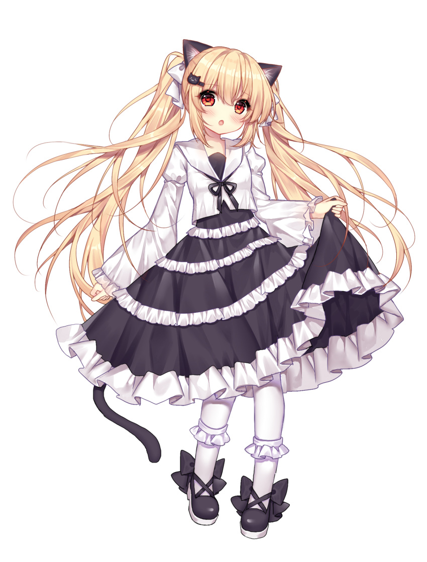 1girl animal_ears black_dress black_footwear blonde_hair blouse cat_ears cat_girl cat_tail dress full_body highres lolita_fashion long_hair long_sleeves medium_dress non-web_source nyakori's_rabbit_doll nyakori_(nyakori's_rabbit_doll) red_eyes shirt skirt_hold solo source_request tachi-e tagme tail transparent_background twintails wide_sleeves