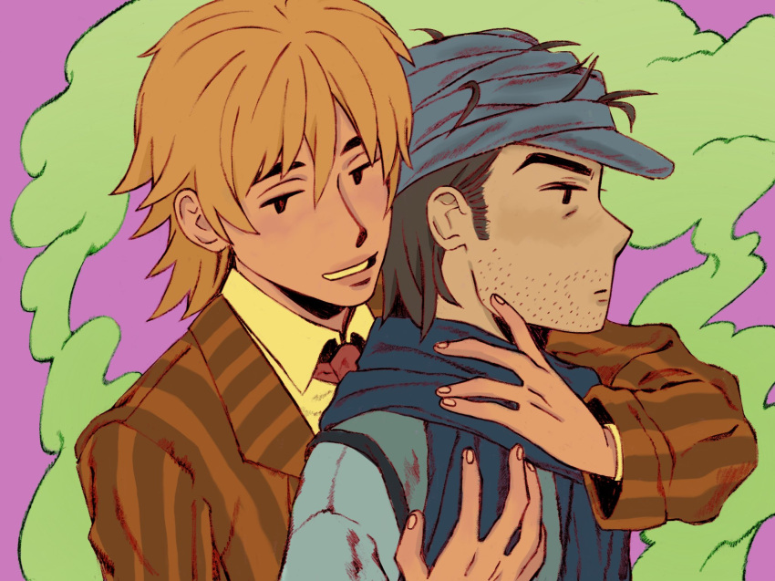 2boys beard_stubble black_hair blonde_hair blood blood_on_clothes brown_eyes finger_to_another's_cheek formal from_side ging_freecss highres hunter_x_hunter long_sleeves male_focus multiple_boys pariston_hill seasluggy short_hair sideburns smile smoke solid_oval_eyes sparse_stubble suit