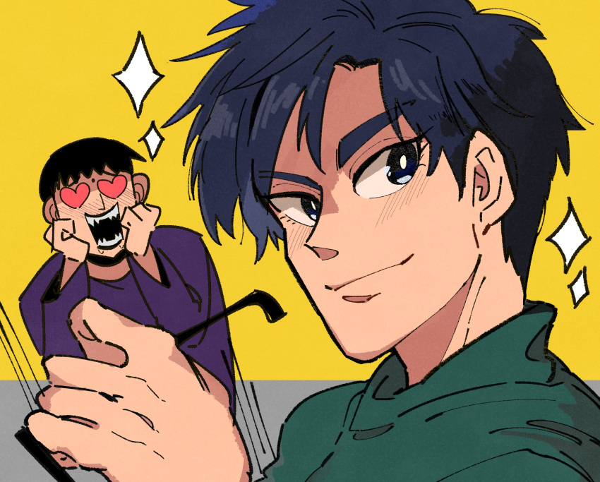2boys black_eyes black_hair bright_pupils character_request closed_mouth commentary_request eyewear_removed green_shirt heart heart-shaped_eyes highres holding holding_removed_eyewear inudori looking_at_another looking_at_viewer male_focus medium_bangs multiple_boys open_mouth parted_bangs purple_shirt shirt short_bangs short_hair smile sparkle sunglasses teeth tobaku_haouden_zero ukai_zero upper_body white_pupils yellow_background