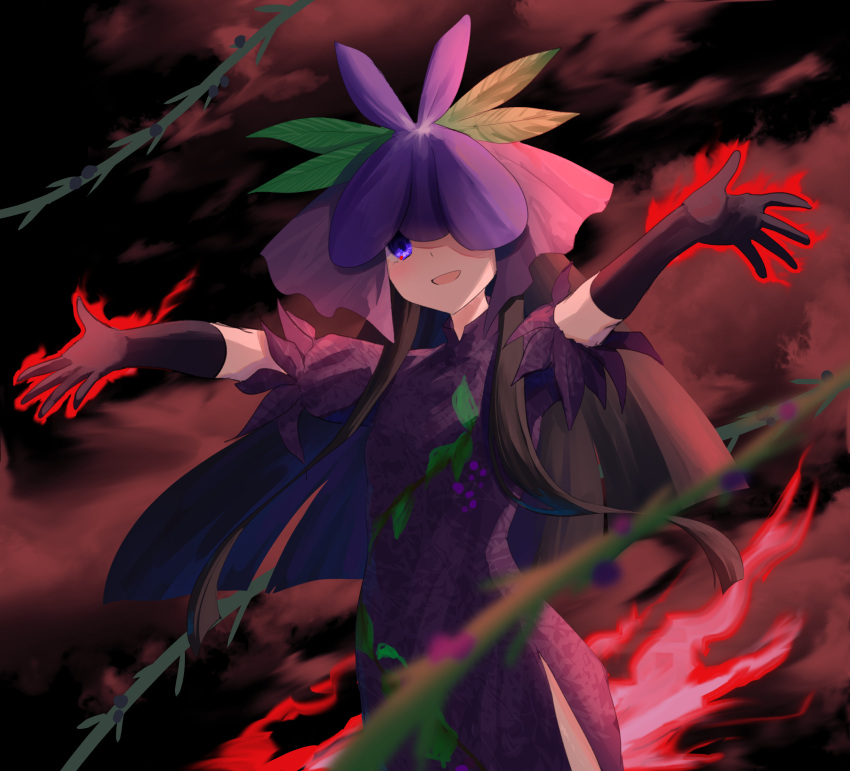 1girl aura black_gloves black_hair black_sky breasts china_dress chinese_clothes clouds commentary_request cowboy_shot dress elbow_gloves flower flower_on_head gloves grape_print highres long_hair looking_at_viewer nettian51 one_eye_covered open_mouth outstretched_arms print_dress purple_dress purple_flower short_sleeves sidelocks sky small_breasts smile solo spread_arms touhou vine_print violet_eyes yomotsu_hisami