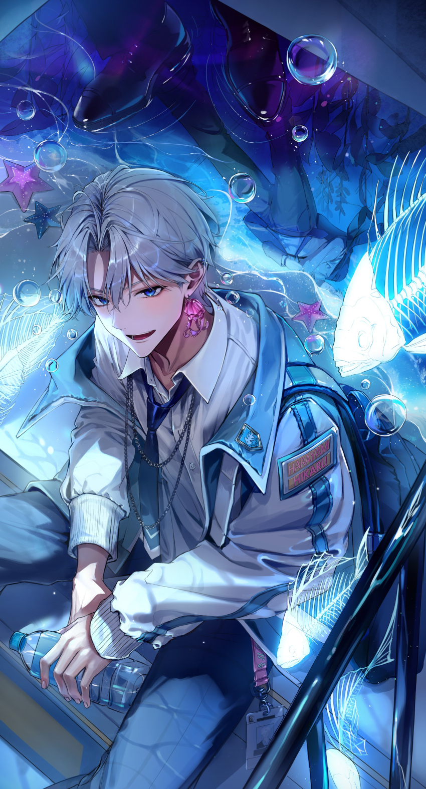 2boys absurdres bishounen blue_eyes blue_necktie blue_pants bubble chain collared_shirt commentary_request earclip eumi_114 fish grey_hair highres jacket jellyfish_earrings long_sleeves male_focus multiple_boys necktie off_shoulder open_clothes open_jacket open_mouth original pants reflection shirt short_hair sitting smile solo_focus starfish white_jacket white_shirt