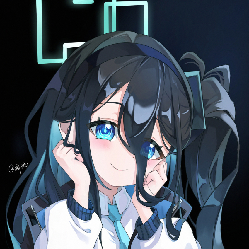 1girl absurdly_long_hair aris_(blue_archive) arm_support black_background black_hair blue_archive blue_eyes blue_necktie coat collared_shirt commentary_request hair_between_eyes hair_ornament hairband halo head_rest highres long_bangs long_hair long_sleeves looking_at_viewer necktie one_side_up open_clothes open_coat pleated_skirt portrait school_uniform shirt sidelocks signature simple_background skirt smile solo very_long_hair white_coat white_shirt xishuu_(user_dvah3828)
