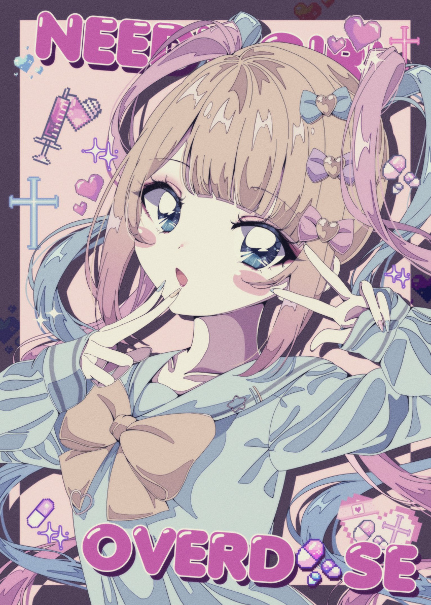 1990s_(style) 1girl blonde_hair blue_bow blue_eyes blue_hair blue_nails blue_shirt blunt_bangs blush border bow chouzetsusaikawa_tenshi-chan commentary_request copyright_name cross double_v eyeshadow hair_bow hair_ornament hands_up heart heart_hair_ornament highres long_hair long_sleeves looking_at_viewer makeup milon_cas multicolored_hair multicolored_nails needy_girl_overdose open_mouth pill pink_bow pink_eyeshadow pink_hair pink_nails purple_bow quad_tails retro_artstyle sailor_collar shirt solo sparkle syringe twintails upper_body v yellow_bow yellow_nails