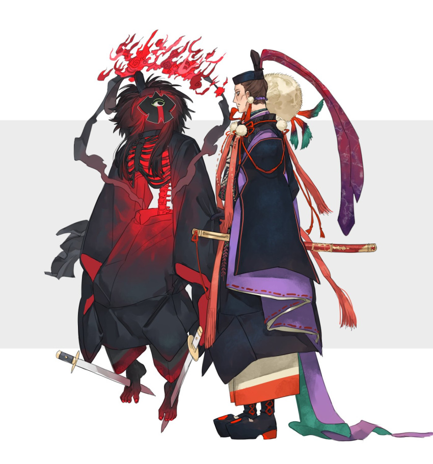 2boys akimitsu-dono bags_under_eyes black_skin blank_stare colored_skin fate/grand_order fate_(series) fujiwara_no_michinaga_(fate) full_body heian highres impaled japanese_clothes kimono looking_up male_focus monocle monster_boy multiple_boys old old_man ribs sheath sheathed shikigami short_hair skeleton standing sword traditional_clothes uatwf681 umbrakinesis weapon