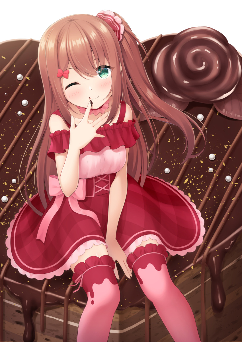 1girl 7fuji_06 between_legs blue_eyes blush bow brown_hair cake chocolate chocolate_on_hand collar commentary detached_collar dress flower flower-shaped_chocolate food food_on_hand frilled_collar frilled_thighhighs frills hair_bow hair_ornament hair_scrunchie hand_between_legs hand_to_own_mouth highres long_hair looking_at_viewer on_food one_eye_closed one_side_up original plaid plaid_dress rose scrunchie sitting sitting_on_food smile solo thigh-highs underbust valentine very_long_hair