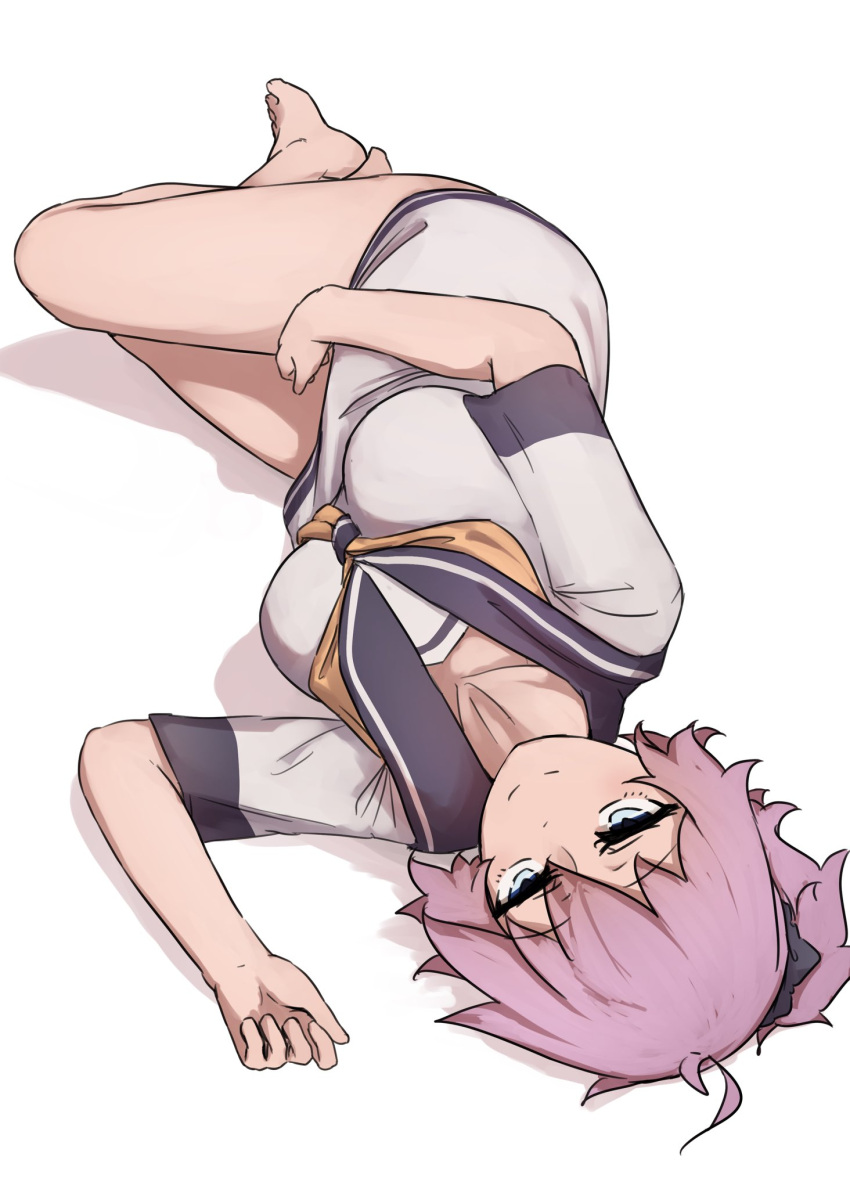 1girl ahoge aoba_(kancolle) barefoot black_scrunchie blue_eyes breasts grey_sailor_collar hair_ornament hair_scrunchie highres ikadamo kantai_collection looking_at_viewer lying medium_breasts neckerchief no_pants on_side ponytail purple_hair sailor_collar sailor_shirt scrunchie shirt short_hair short_ponytail solo white_shirt yellow_neckerchief