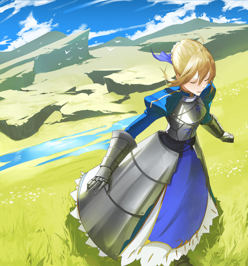 1girl absurdres ahoge armor armored_dress artoria_pendragon_(fate) bird black_corset blonde_hair blue_dress blue_ribbon blue_sky braid braided_bun breastplate clenched_hand closed_eyes clouds corset dress fate/grand_order fate/stay_night fate_(series) faulds field flower gauntlets gold_trim grass hair_bun hair_ribbon highres juliet_sleeves long_sleeves outdoors outstretched_arms parted_lips petticoat pond puffy_sleeves ribbon rock saber scratches sky solo standing sunlight water white_bird white_flower zuraa_(naunau_seijin)