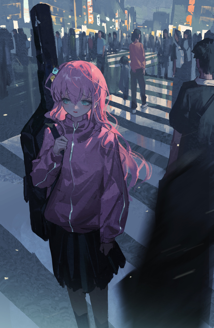 1girl 6+others absurdres arm_at_side black_skirt blue_eyes bocchi_the_rock! city collared_jacket crosswalk crowd cube_hair_ornament feet_out_of_frame from_above frown gotoh_hitori hair_ornament highres holding_strap instrument_case instrument_on_back jacket long_hair long_sleeves looking_to_the_side motion_blur multiple_others one_side_up open_mouth outdoors people pink_hair pink_jacket road skirt solo_focus standing street track_jacket tuoer walking