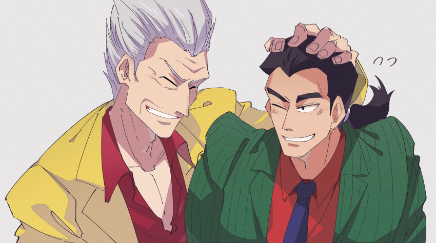 2boys black_eyes black_hair closed_eyes collared_shirt commentary_request fingernails gin_to_kin green_jacket grey_background grin hair_slicked_back hand_on_another's_head highres hirai_ginji inudori jacket looking_at_another low_ponytail male_focus morita_tetsuo multiple_boys necktie old old_man one_eye_closed purple_necktie red_shirt shirt short_hair simple_background smile suit upper_body white_hair yellow_jacket