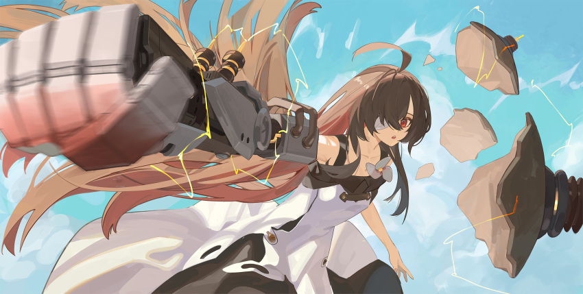 1girl ahoge alchemy_stars bandaged_head bandages brown_hair dress electricity eve_(alchemy_stars) highres long_hair looking_at_viewer mikann_(clm_mikan) motion_blur open_mouth outstretched_arm prosthesis prosthetic_arm punching red_eyes sleeveless sleeveless_dress solo very_long_hair white_dress