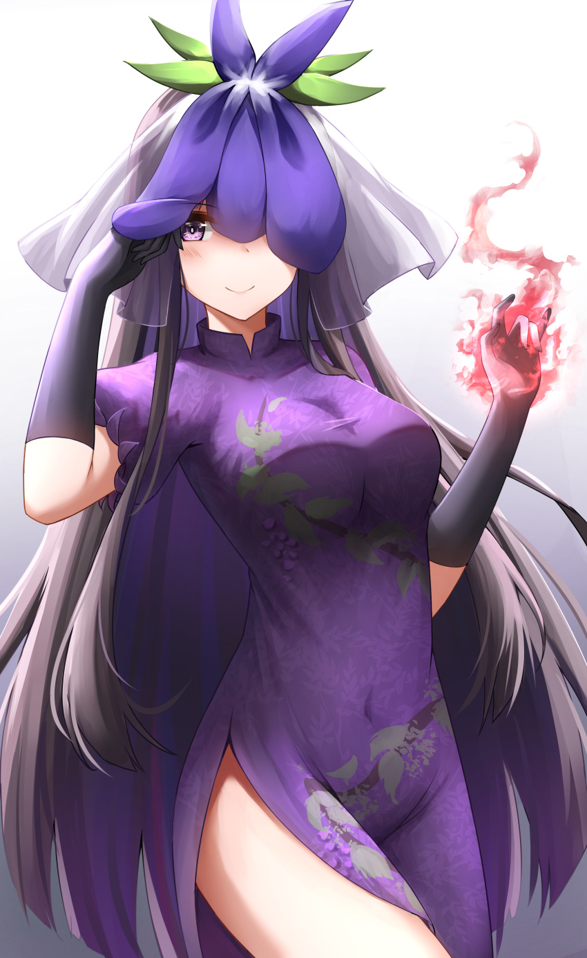 1girl absurdres black_gloves black_hair blush china_dress chinese_clothes closed_mouth dress flower flower_on_head food_print fruit_print gloves grape_print highres kuneamorai long_hair one_eye_covered purple_dress purple_flower short_sleeves smile solo touhou unfinished_dream_of_all_living_ghost vine_print violet_eyes yomotsu_hisami