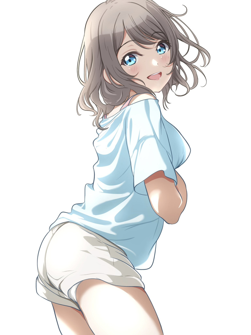 1girl blue_eyes blue_skirt blush borgbutler brown_hair casual commentary_request highres looking_at_viewer looking_back loose_hair_strand love_live! love_live!_sunshine!! off-shoulder_shirt off_shoulder open_mouth pink_tank_top shirt short_hair shorts simple_background skirt smile solo t-shirt tank_top upper_body watanabe_you white_background white_shorts