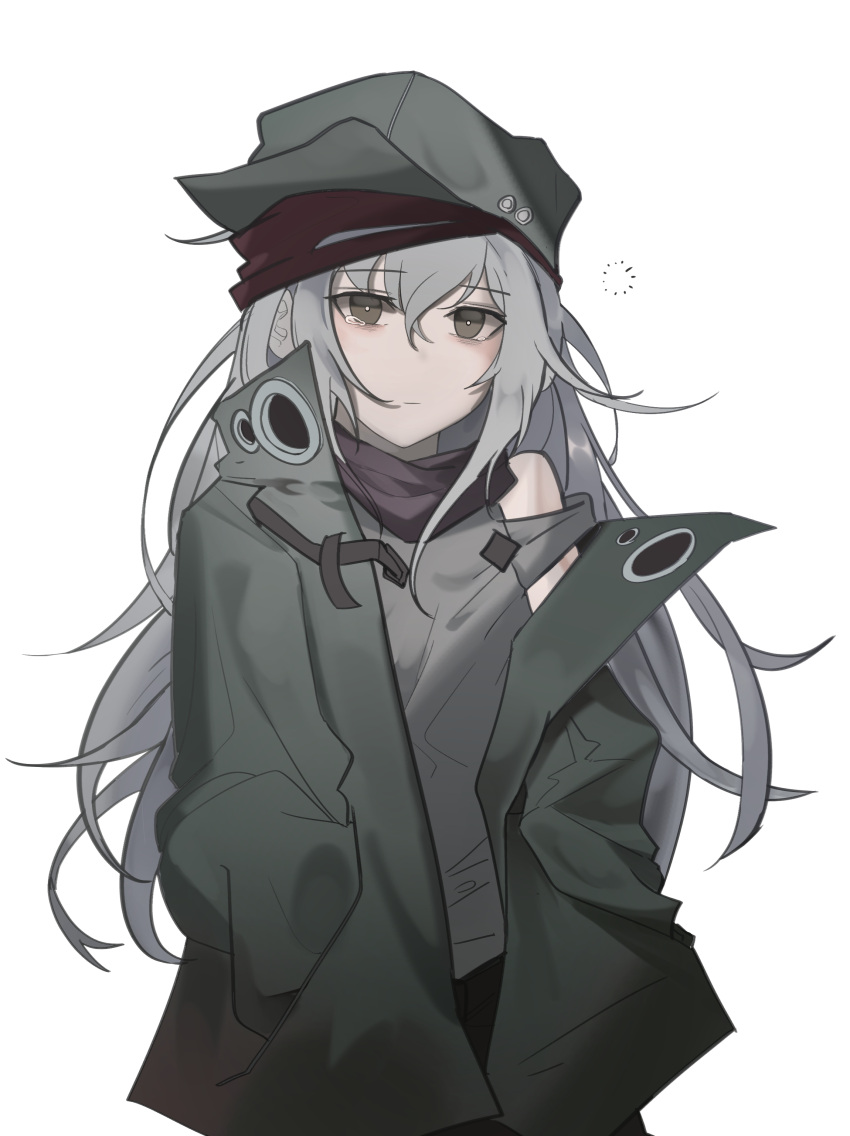 1girl absurdres brown_eyes cizzi closed_mouth g11_(girls'_frontline) girls_frontline green_headwear green_jacket grey_hair grey_shirt hair_between_eyes hands_in_pockets hat highres jacket long_hair messy_hair open_clothes open_jacket purple_scarf scarf shirt simple_background sleepy solo standing tears white_background