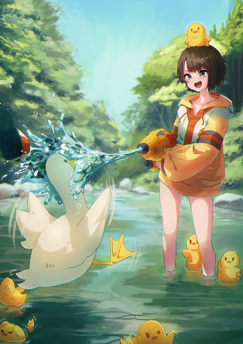1girl :d bird blue_sky brown_hair commentary_request day dokurokou duck duckling green_eyes green_jacket highres holding holding_water_gun hololive hood hood_down jacket multicolored_clothes multicolored_jacket official_alternate_costume oozora_subaru oozora_subaru_(3rd_costume) rock sky smile solo standing subaru_duck tree two-tone_jacket virtual_youtuber wading water water_gun yellow_jacket