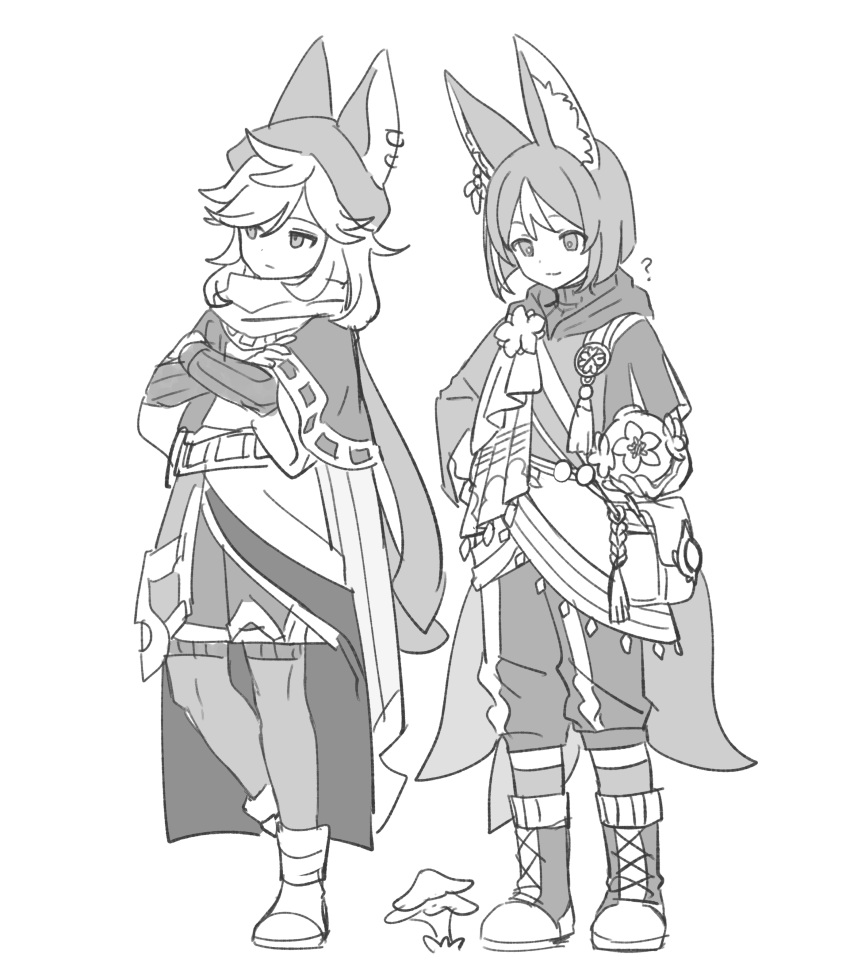 2boys ? absurdres animal_ear_fluff animal_ears asymmetrical_sleeves boots brooch cape closed_mouth cyno_(genshin_impact) fox_ears fox_tail genshin_impact greyscale highres holding_orb hood hood_down hoodie jewelry marimo_jh monochrome multicolored_hair multiple_boys mushroom pouch sash simple_background socks standing standing_on_one_leg streaked_hair tail tassel tighnari_(genshin_impact) uneven_sleeves
