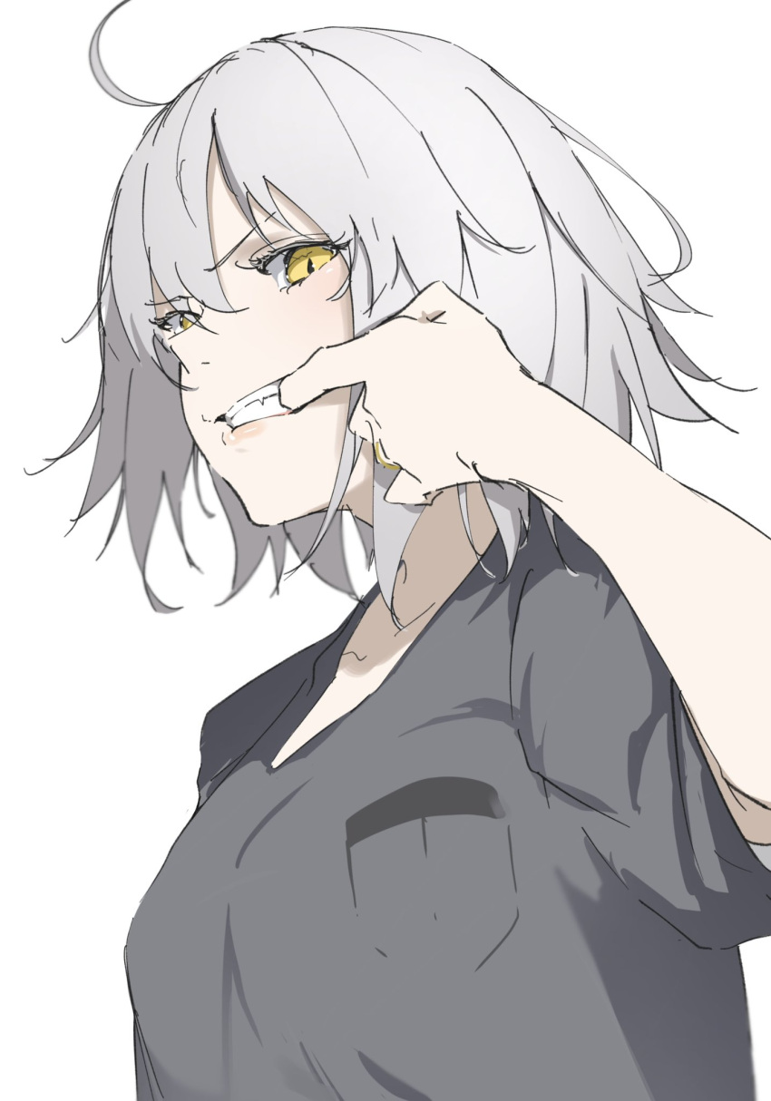 1girl ahoge alternate_costume casual fang fate/grand_order fate_(series) finger_in_own_mouth grey_hair grey_shirt hand_up highres jeanne_d'arc_alter_(fate) jewelry lips looking_at_viewer looking_down ri_o_ne_su ring shirt short_hair short_sleeves simple_background sketch solo t-shirt teeth upper_body wedding_ring white_background yellow_eyes