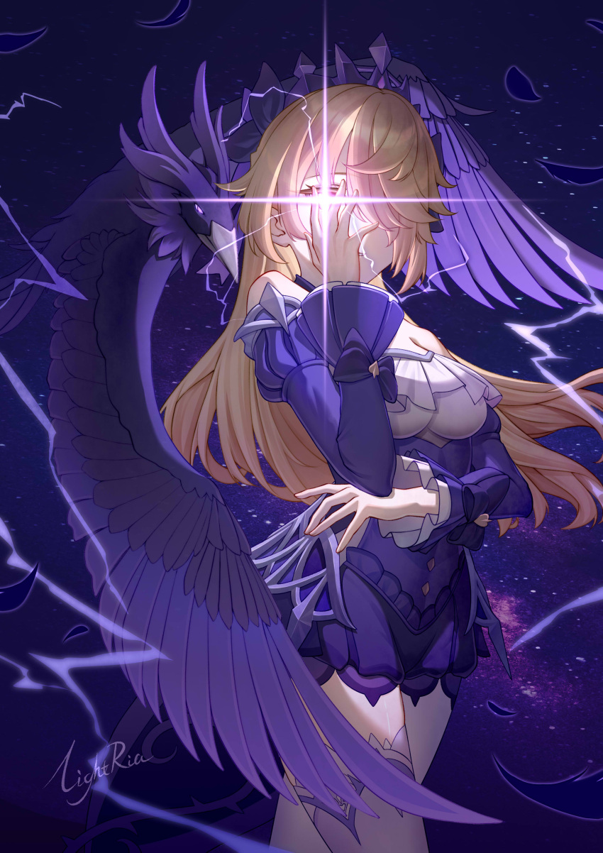 1girl absurdres bird blonde_hair commentary_request covering_face crossed_arms crow detached_sleeves dress fischl_(ein_immernachtstraum)_(genshin_impact) fischl_(genshin_impact) frilled_dress frills genshin_impact glowing glowing_eye hair_down hair_over_one_eye highres lightning lightria long_bangs long_hair long_sleeves looking_at_viewer night night_sky official_alternate_costume official_alternate_hairstyle oz_(genshin_impact) parted_lips peeking_through_fingers red_eyes short_dress sidelocks sky star_(sky) starry_sky tiara