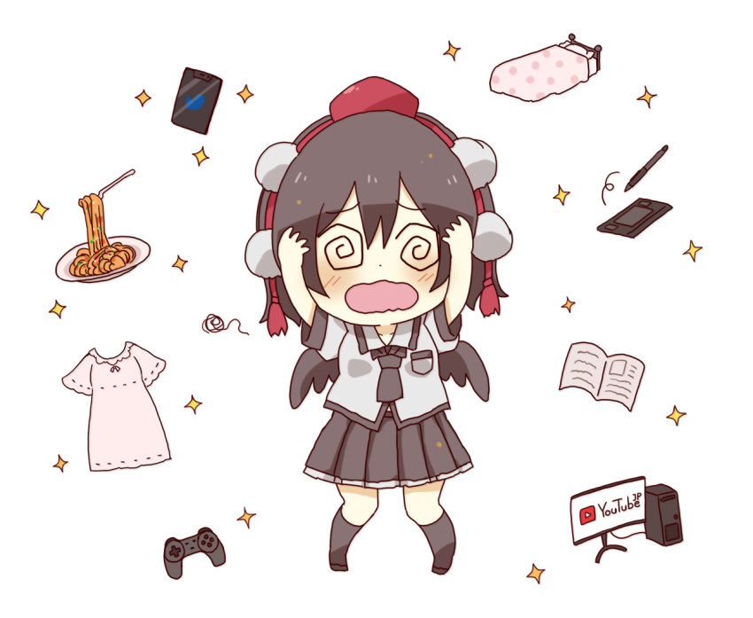 1girl @_@ arms_up bed black_hair black_skirt black_socks black_wings blush cellphone chibi collared_shirt commentary_request computer controller drawing_tablet dress dress_shirt facing_viewer feathered_wings food fork game_controller grey_shirt hair_between_eyes hat kneehighs monitor no_shoes open_mouth pasta phone pleated_skirt red_headwear shameimaru_aya shirt short_sleeves simple_background skirt socks solo spaghetti sparkle stylus tokin_hat totoharu_(kujirai_minato) touhou twitter_logo wavy_mouth white_background white_dress wings youtube