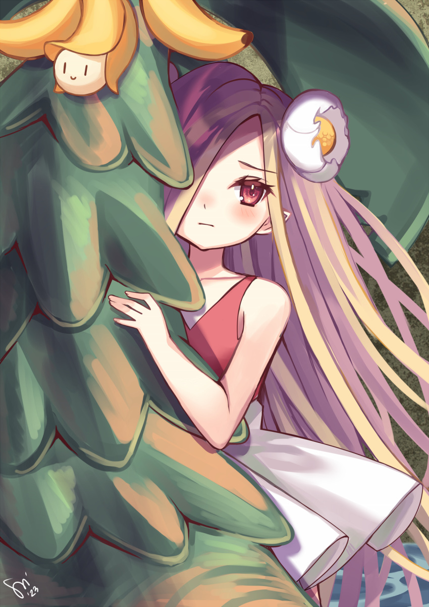 1girl 2023 banana bare_arms bare_shoulders behind_tree blonde_hair closed_mouth collarbone flower food fruit furrowed_brow hair_flower hair_ornament hair_over_one_eye highres lady_tanee long_hair pointy_ears ragnarok_online red_eyes red_tank_top shirt signature solo tank_top tree very_long_hair watashishi white_flower white_shirt
