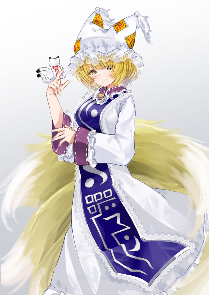 1girl :/ animal_hat blonde_hair blush bob_cut bow bowtie breasts closed_mouth collar commentary_request dress fingernails fox_tail frilled_collar frilled_sleeves frilled_tabard frills from_side full_body hand_up hat highres holding holding_paper kitsune light_blush long_sleeves looking_at_viewer medium_breasts mob_cap multiple_tails nekomata paper sarasadou_dan short_hair simple_background slit_pupils solo standing tabard tail tassel touhou white_background white_dress wide_sleeves yakumo_ran yellow_eyes