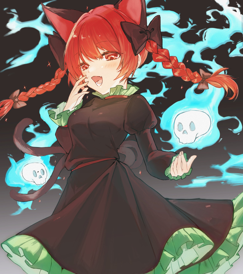 1girl absurdres animal_ears black_bow blue_fire blush bow cat_ears dark_background dress extra_ears fang fire frills ghost green_dress grey_background highres hitodama holding holding_skull juna22_a kaenbyou_rin open_mouth puffy_sleeves red_eyes redhead skull sparks teeth touhou yawning