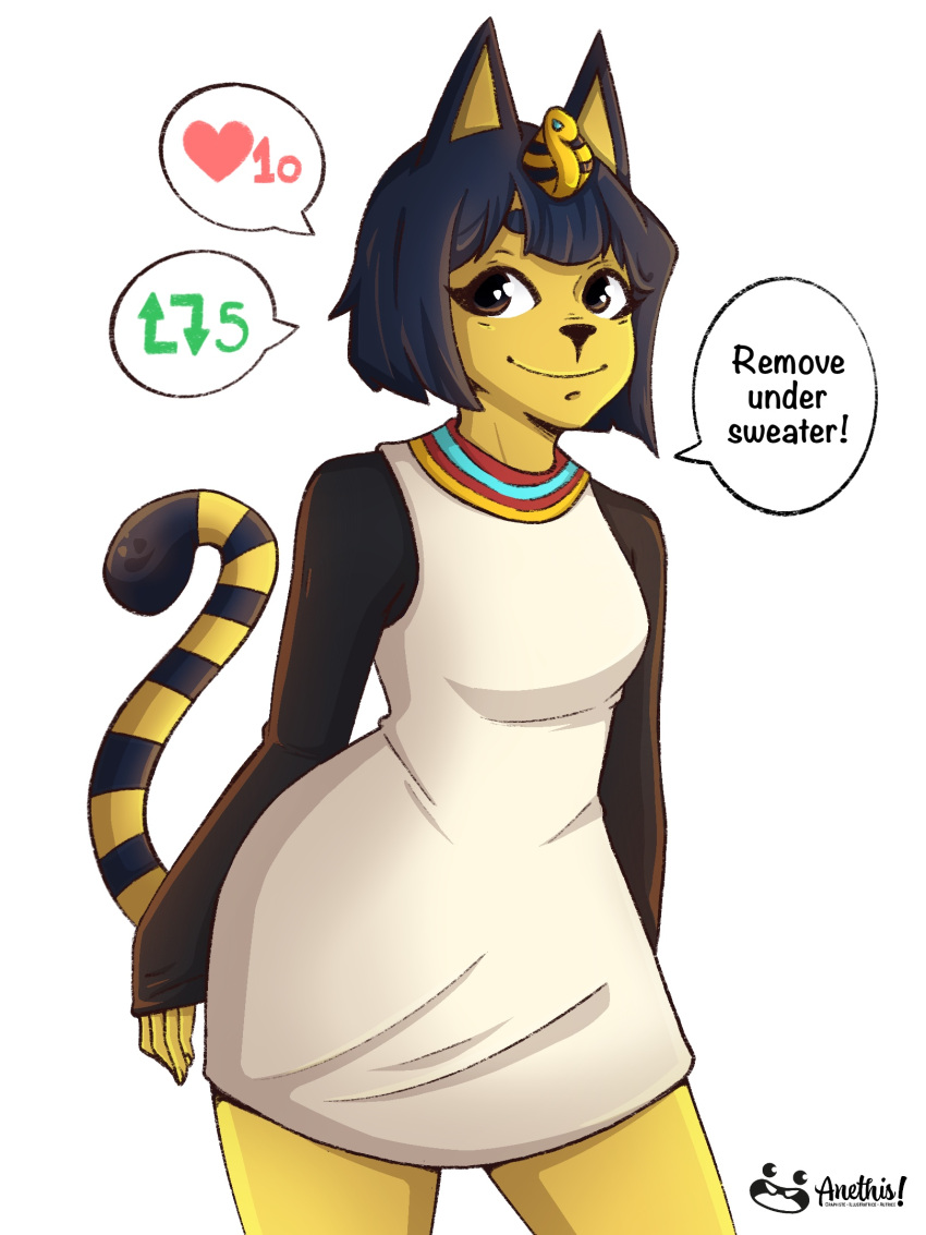 animal animal_crossing animal_ears ankha_(animal_crossing) bad_source black_hair cat cat_ears cat_girl cat_tail egyptian furry furry_female highres meme sithena tail undressing villager_(animal_crossing)