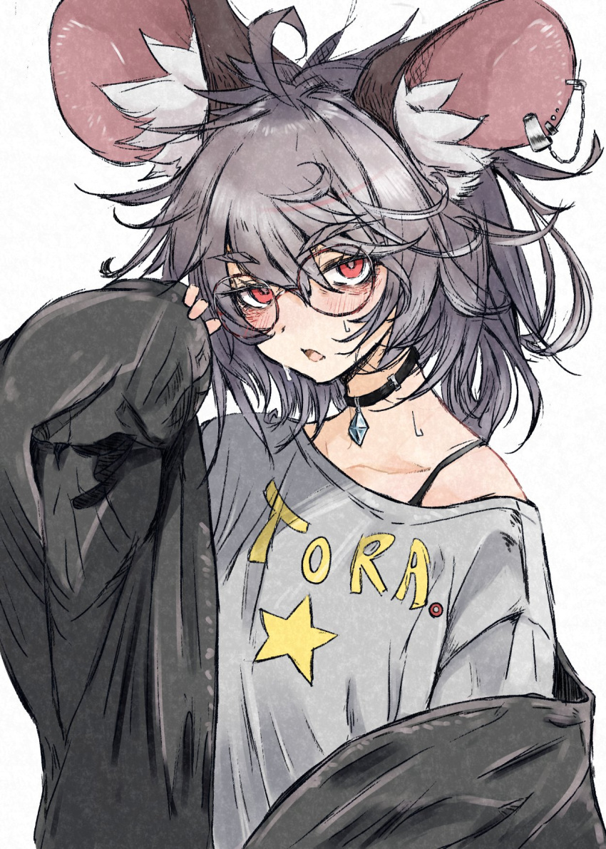 1girl animal_ears bespectacled black_jacket blush clothes_writing deal360acv glasses grey_hair grey_shirt highres jacket jewelry long_sleeves mouse_ears nazrin open_mouth pendant red_eyes round_eyewear shirt short_hair simple_background solo touhou upper_body white_background