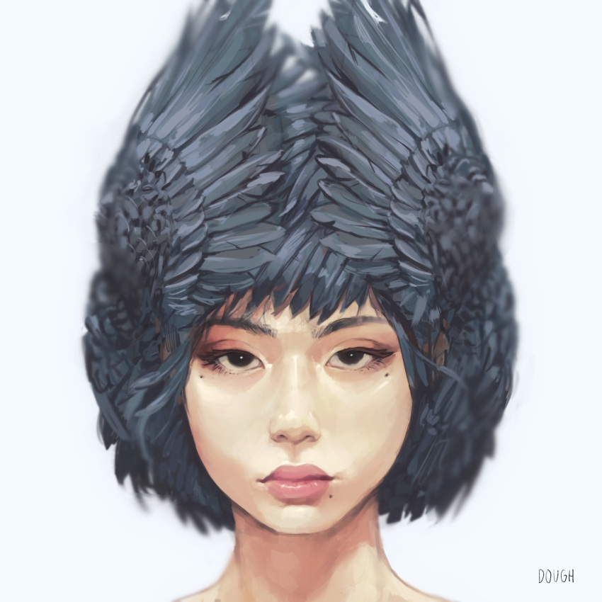 1girl artist_name black_eyes black_hair commentary dough_(doughnath) english_commentary expressionless feathered_wings head_wings highres lips medium_hair mole mole_under_eye mole_under_mouth multiple_moles original portrait realistic signature solo wings