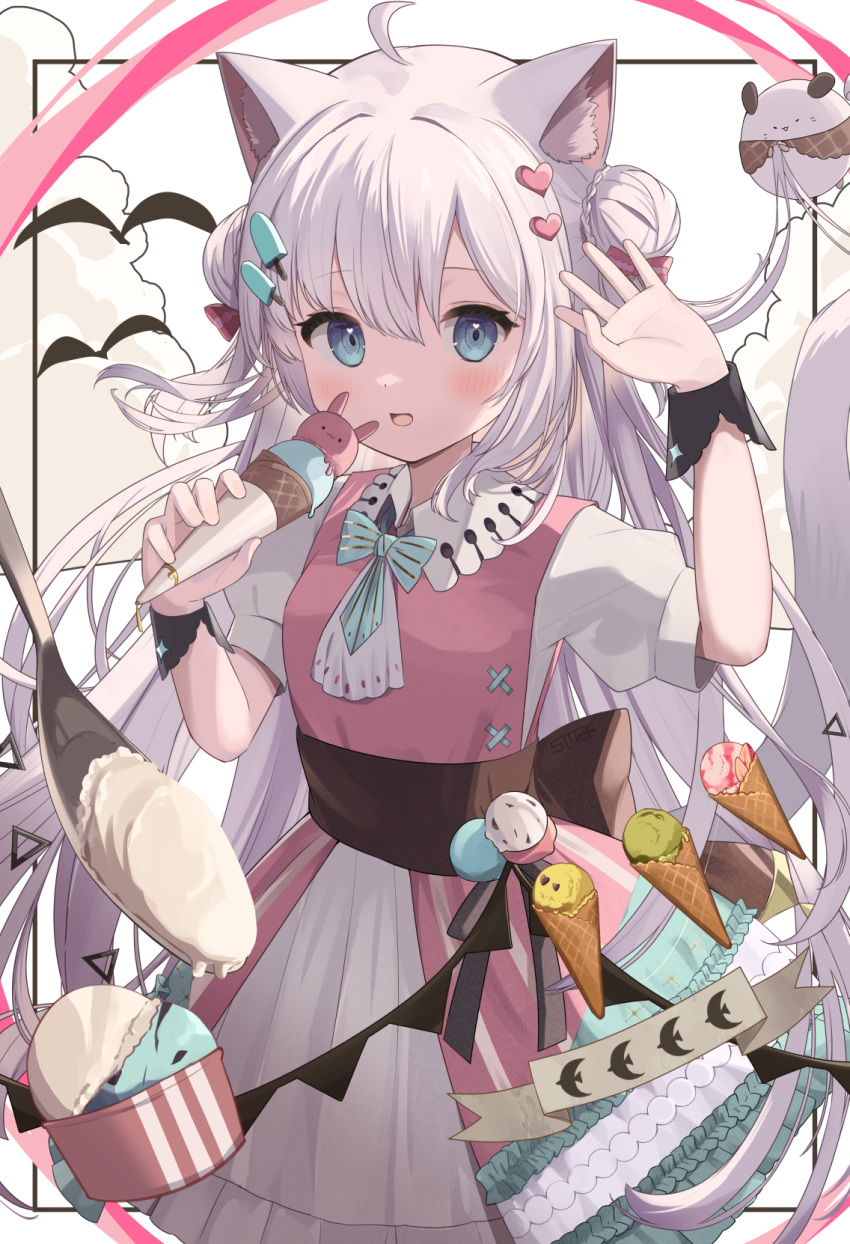 1girl ahoge animal_ear_fluff animal_ears back_bow bird black_bow black_wrist_cuffs blush border bow commentary double_bun dress food food-themed_hair_ornament goma_(u_p) green_dress green_eyes grey_hair hair_bun hair_ornament hairclip hand_up heart heart_hair_ornament highres holding holding_food holding_ice_cream ice_cream ice_cream_cone ice_cream_hair_ornament long_hair looking_at_viewer mint_chocolate multicolored_clothes multicolored_dress open_mouth original oversized_object pink_dress pink_ribbon ribbon short_sleeves simple_background smile spoon waving white_background white_dress wrist_cuffs