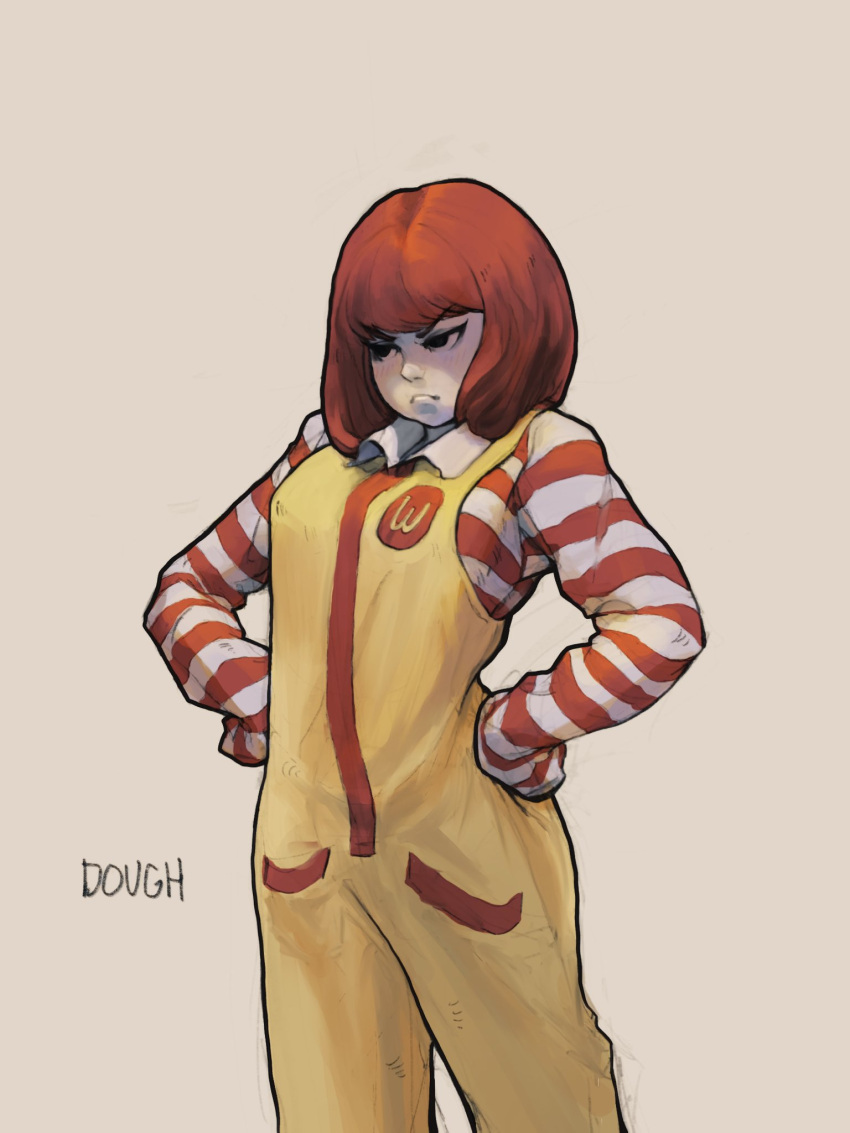 arched_back artist_name black_eyes breasts colored_skin commentary dough_(doughnath) english_commentary frown genderswap genderswap_(mtf) hands_on_own_hips highres mcdonald's medium_breasts overalls photo-referenced pout redhead ronald_mcdonald shirt signature sleeves_past_fingers sleeves_past_wrists striped striped_shirt v-shaped_eyebrows wcdonalds white_skin yellow_overalls
